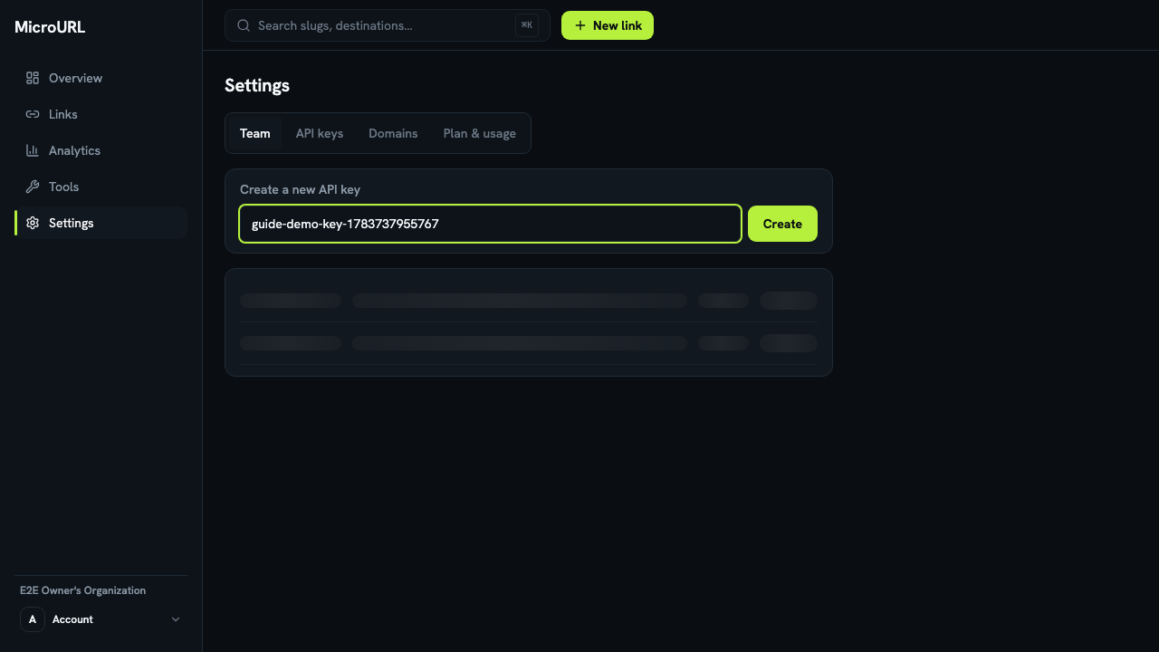 The API keys panel with a name field and a Create button