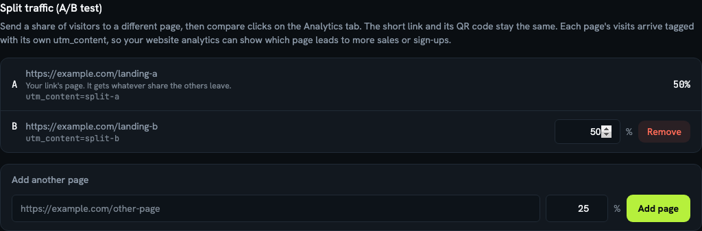 The Split traffic panel: page A is the link's own page at 50%, page B is a second page at 50%, each with its utm_content tag